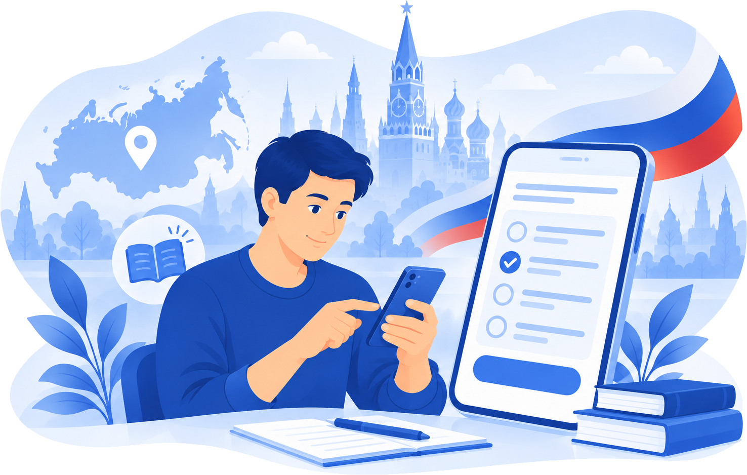 Студент проходит пробный тест на телефоне на фоне Кремля